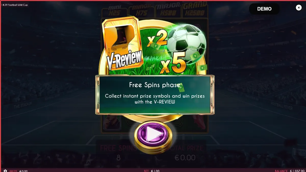 Tampilan visual slot Football Wild Cup dengan latar belakang stadion sepak bola.