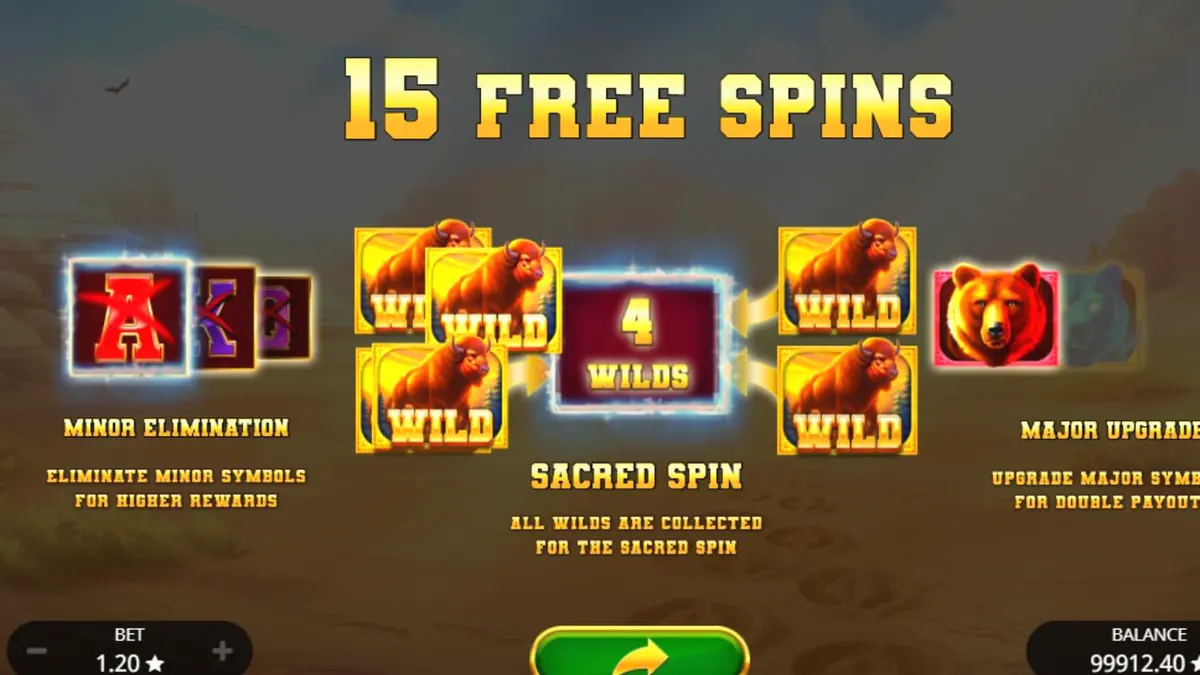 Tampilan visual slot Sacred Buffalo dengan latar belakang padang rumput Barat yang megah.