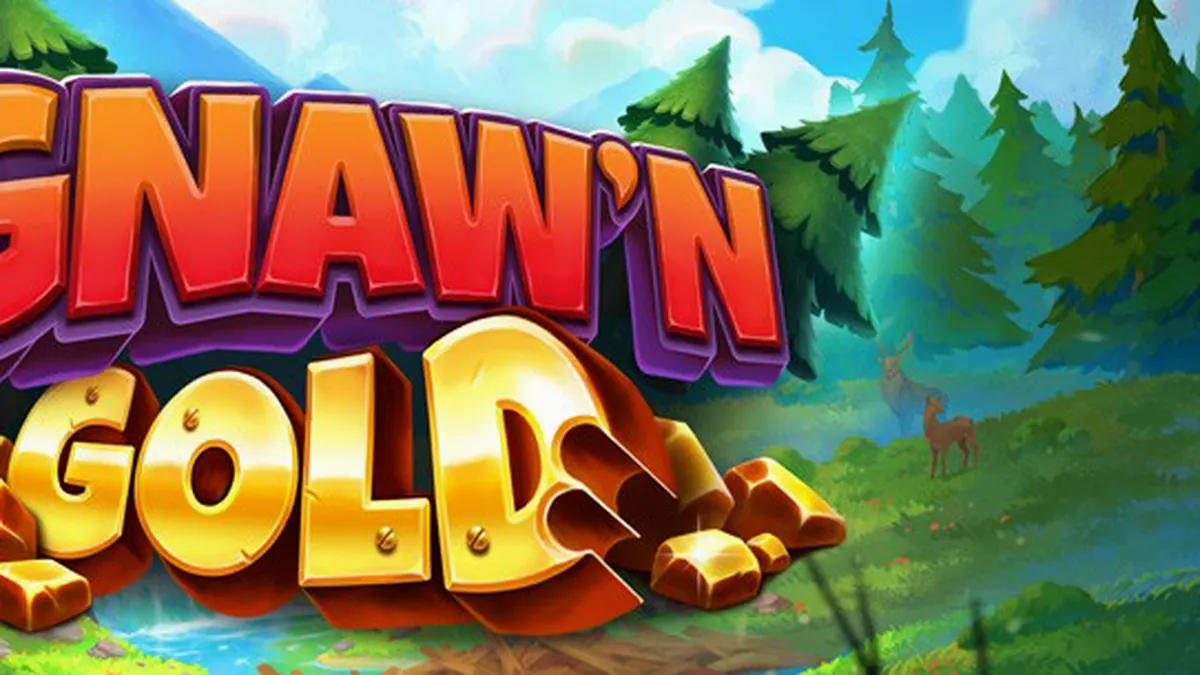 Tampilan visual mesin slot Gnaw’n Gold dengan tema hutan dan simbol emas
